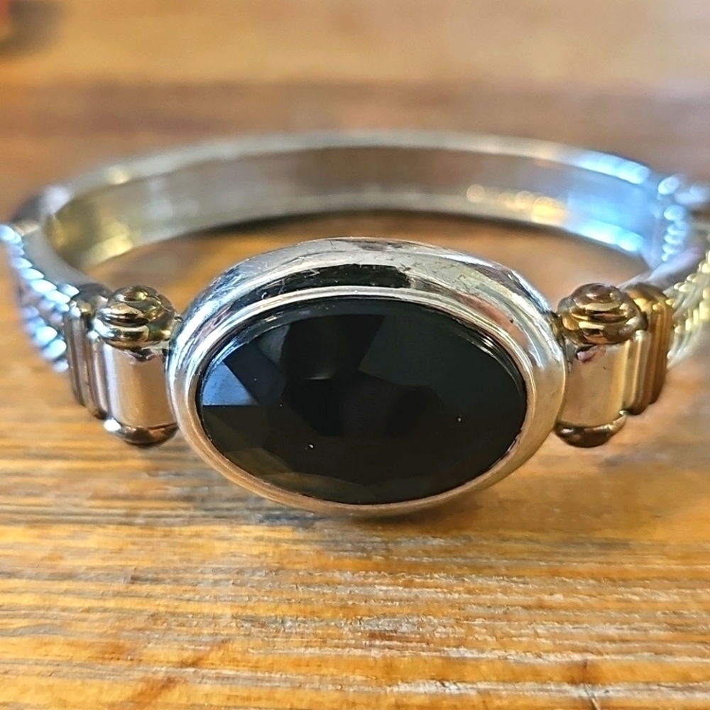 Gold and Silver Tone with BLack Onyx Rope Design Bangle Bracelet